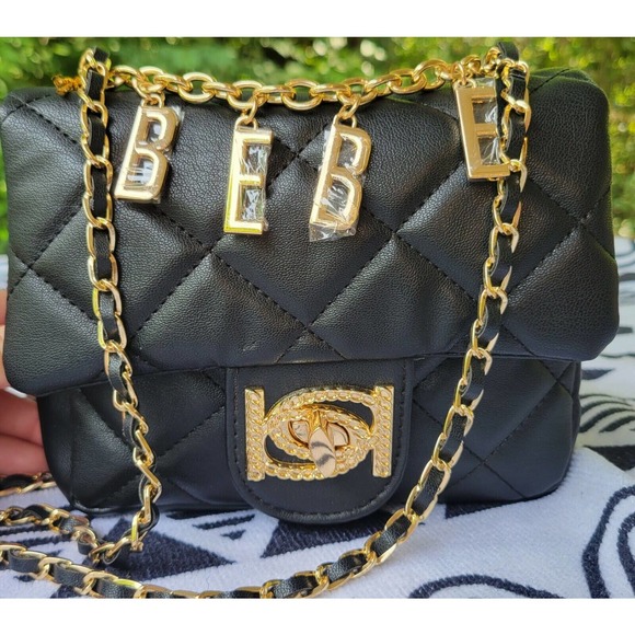 NWT bebe WYATT V-FLAP SHOULDER BAG. Mini. Black With Gold Hardware - Picture 3 of 12